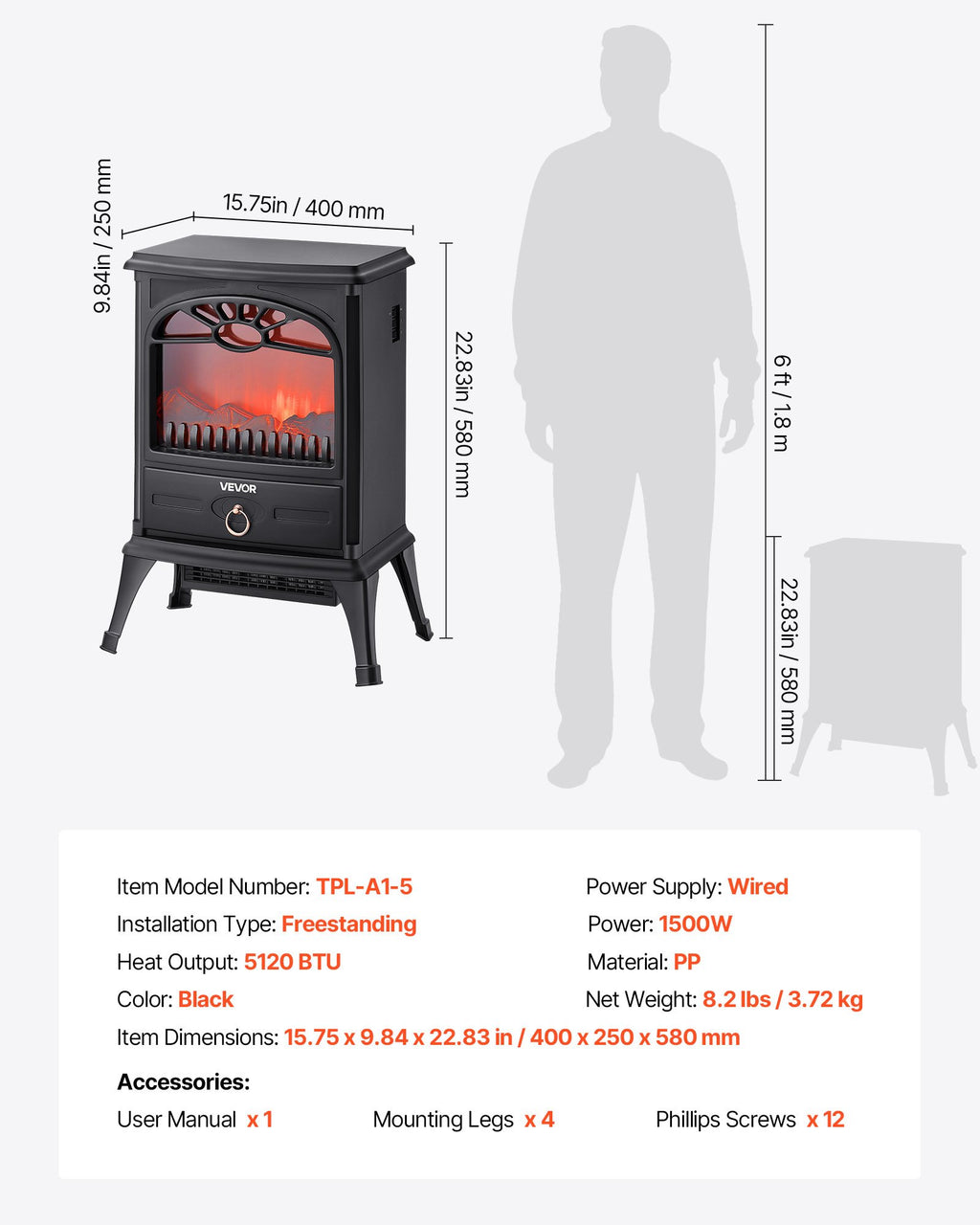 22.8" Black Stove Electric Fireplace