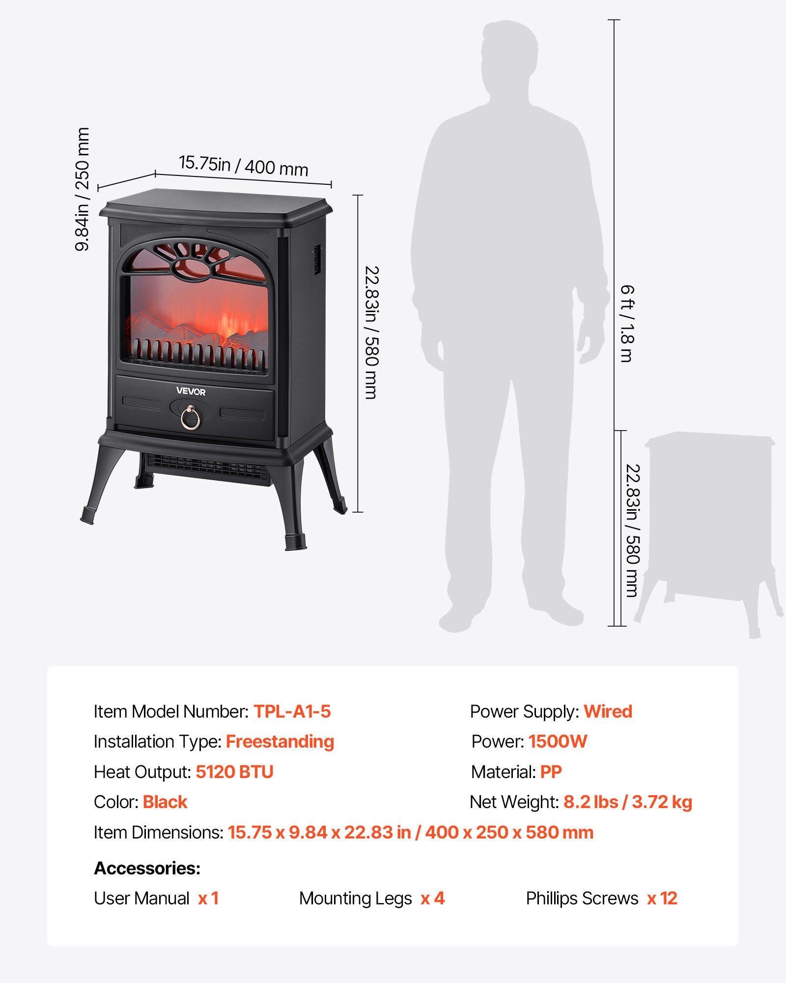 22.8" Black Stove Electric Fireplace