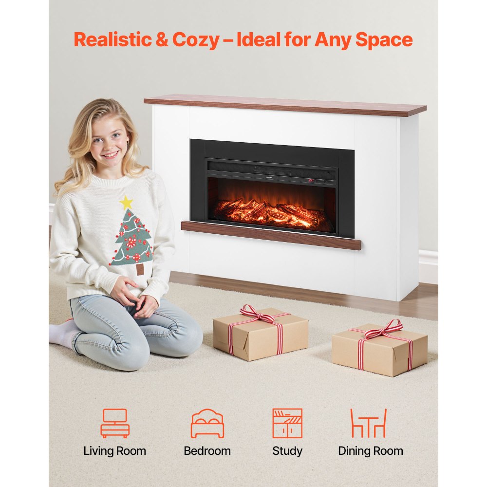 EcoHeat Decorative Freestanding Remote Controlled Electric Fireplace in White Mantel with Warm Wood Accents