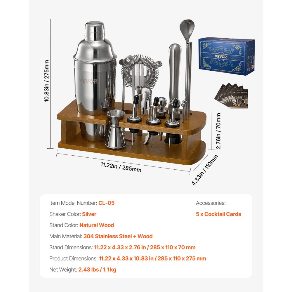 5 Somewhere 18 Piece Stainless Steel Bartending Set with Bamboo Stand