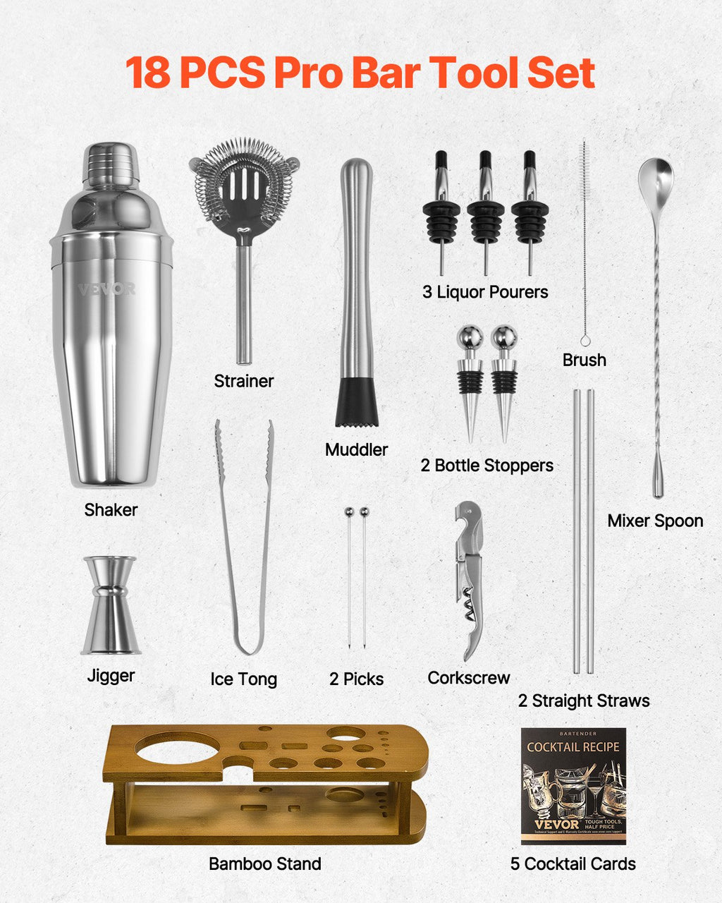 5 Somewhere 18 Piece Stainless Steel Bartending Set with Bamboo Stand