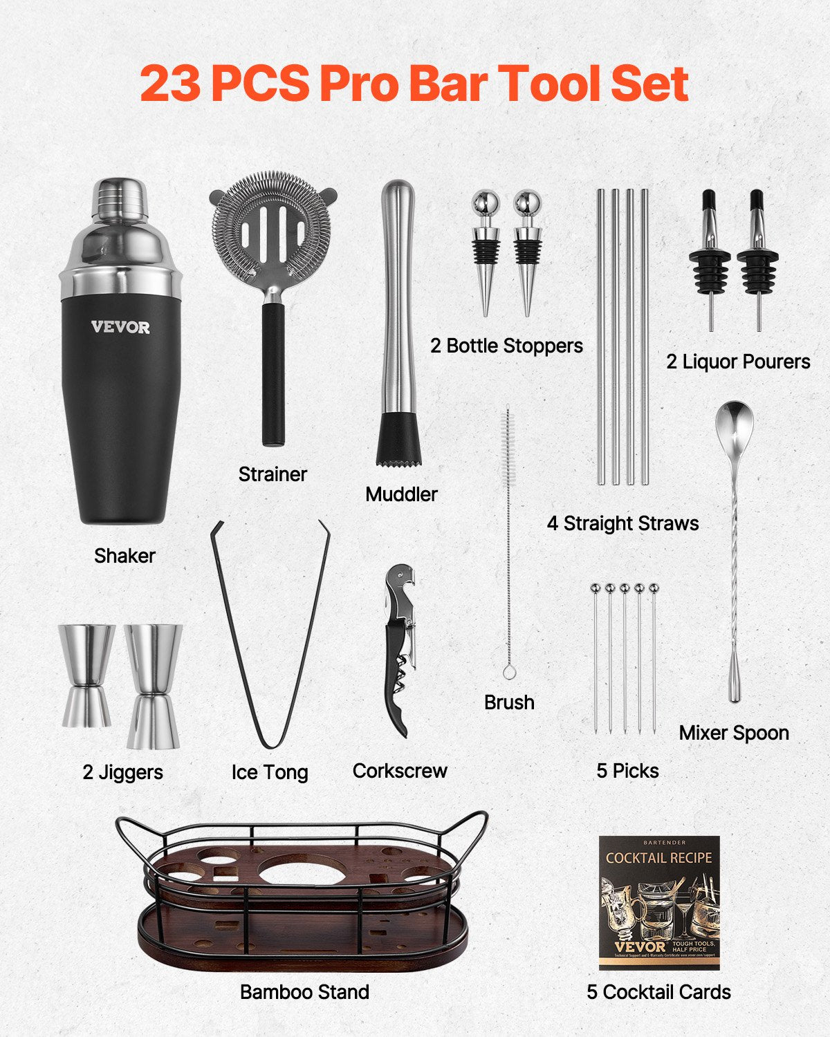 5 Somewhere 23 Piece Professional Grade Bartender's Tool Kit with Bamboo Stand