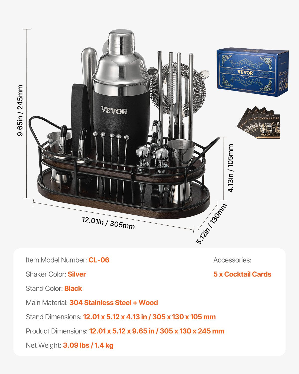 5 Somewhere 23 Piece Professional Grade Bartender's Tool Kit with Bamboo Stand